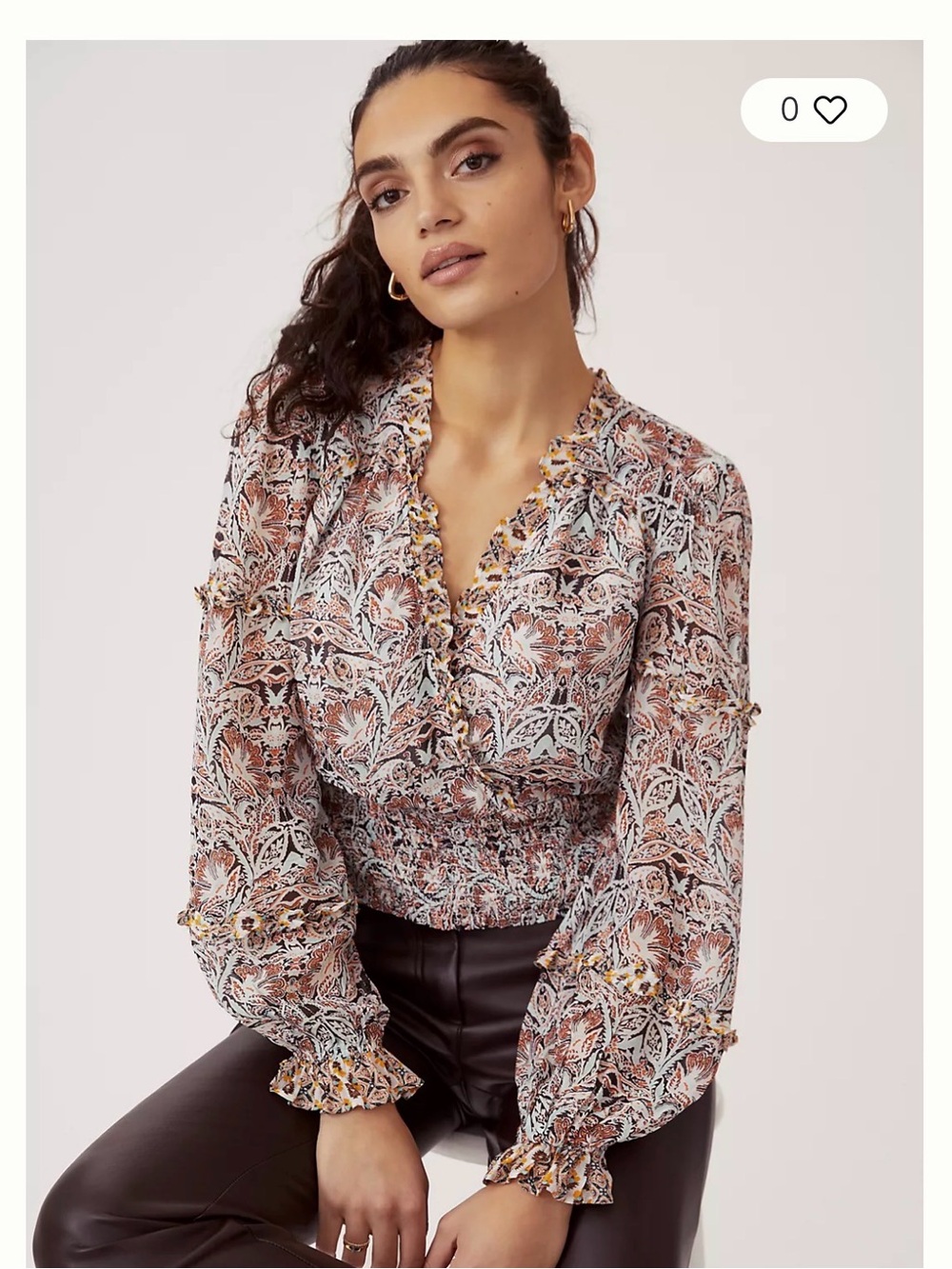 Anthropologie Floral V-Neck Smocked Waist Top - Brown & Gray